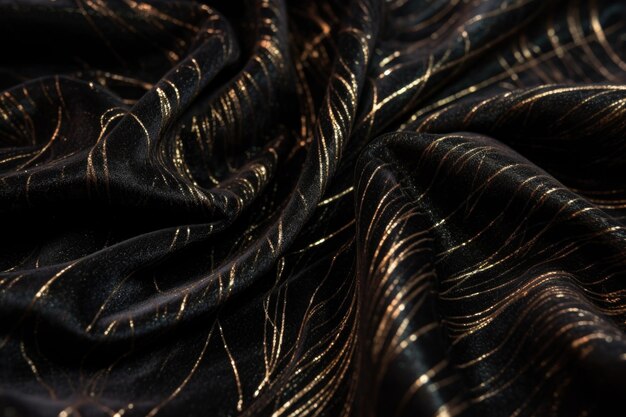 Close-up de tecido preto veludo com fios dourados brilhando através criado com ai generativo