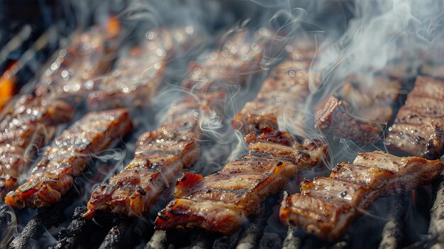 Foto close-up de tiras de carne de porco marinadas cozinhando em uma grelha quente com sopros de fumaça subindo à medida que se carbonizam e desenvolvem uma crosta deliciosa oferecendo aos clientes uma combinação tentadora de fumo