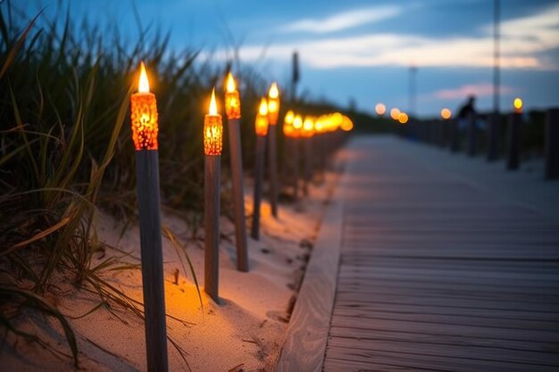 Foto close-up de tochas tiki brilhantes alinhando o caminho da praia