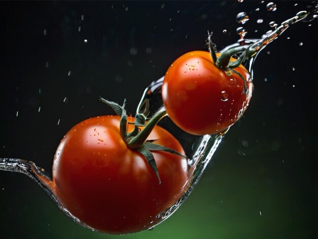 Foto close-up de tomate com salpico de água