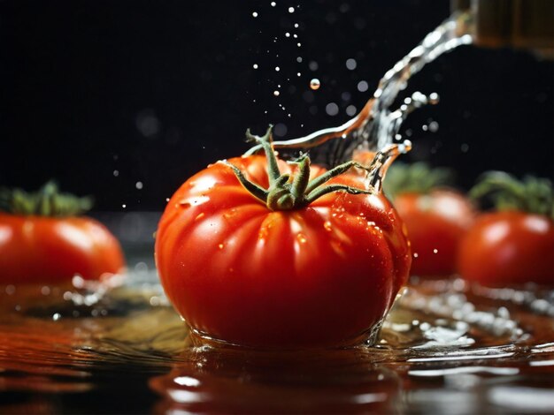 Foto close-up de tomate com salpico de água