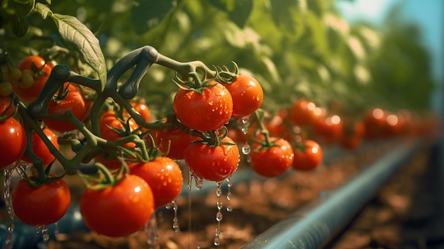 Close-up de tomates maduros crescendo em uma estufa