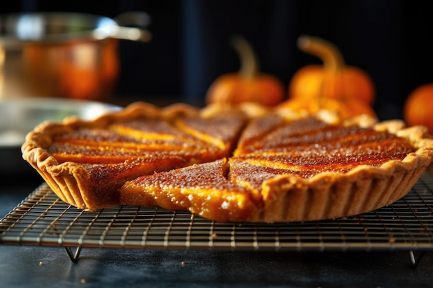 Close-up de torta de abóbora recém-cozida em uma prateleira de refrigeração criada com IA generativa