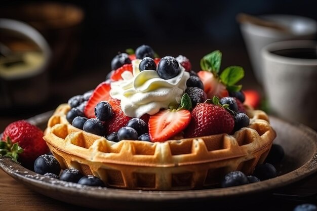 Close-up de torta de frutas com morangos mirtilos e creme batido