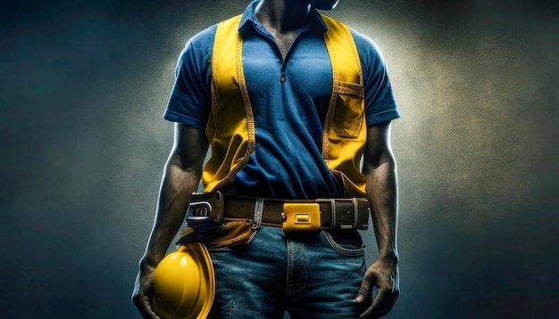 Foto close-up de trabalhador com cinto de ferramentas e equipamento