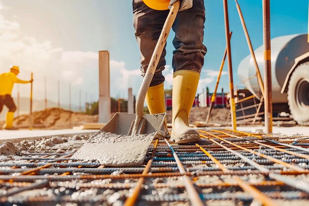 Foto close-up de trabalhador de construção derramando concreto com pá para fundações no sunny construction site