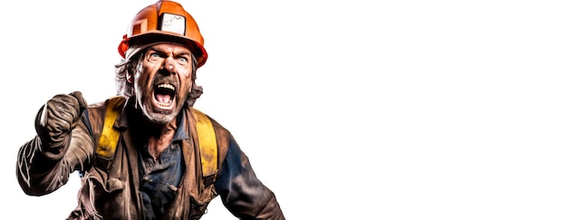 Close-up de trabalhador de montanha mineiro masculino em uniforme com ferramenta de popa zangado fundo branco isolado