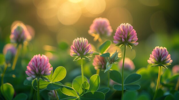 Foto close-up de trevo à luz do sol fundo de primavera