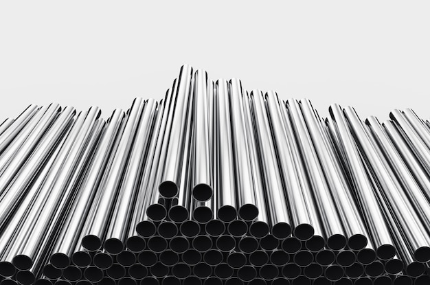 Close-up de tubos de metal em um fundo branco. Uma pilha de tubos de ferro isolada em um fundo branco. Ilustração 3D render