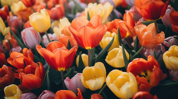 Close-up de tulipas em um campo