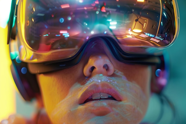 Close-up de um adolescente usando óculos de realidade virtual Realidade aumentada conceito de tecnologia do futuro VR luzes de néon Tecnologias digitais do metaverso de jogos e entretenimento Espaço de cópia