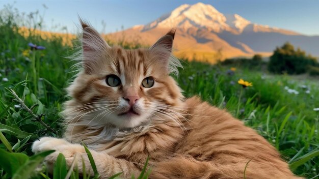 Foto close-up de um adorável gato roxo em um campo com a montanha belukha ao fundo