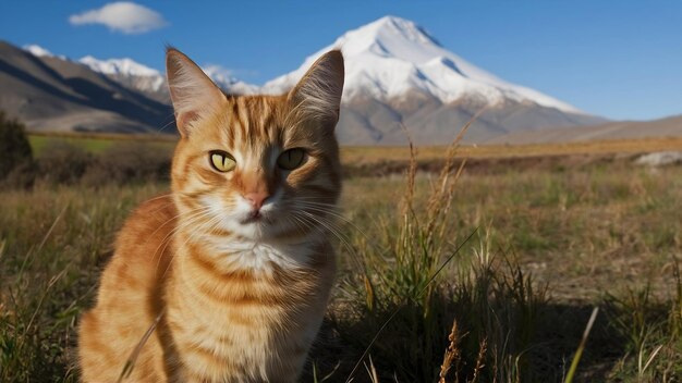 Foto close-up de um adorável gato roxo em um campo com a montanha belukha ao fundo