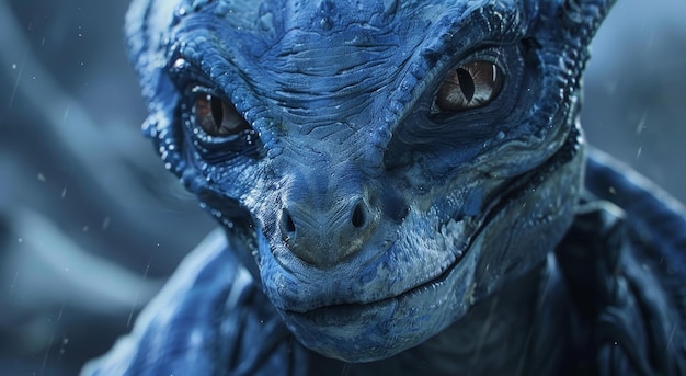 Close-up de um alienígena réptil azul realista sob uma chuva leve
