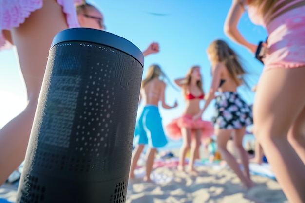 Close-up de um alto-falante bluetooth preto com adolescentes dançando em uma festa na praia