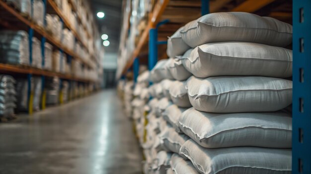 Foto close-up de um armazém com sacos de arroz ou açúcar a granel em um centro de distribuição