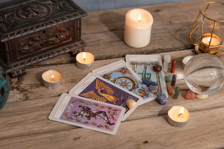 Foto close-up de um arranjo de cartas de tarot com uma bola de cristal e velas piscando em uma superfície de madeira envelhecida