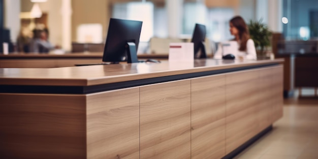 Foto close up de um balcão público no interior de um pequeno banco moderno com cliente