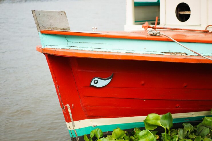 Foto close-up de um barco vermelho ancorado no mar