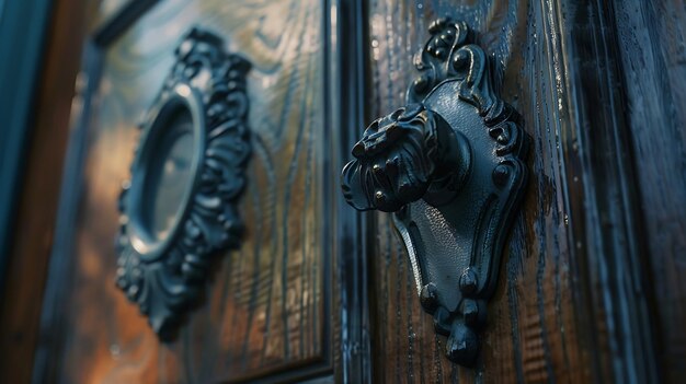 Close-up de um batedor de porta de metal em uma porta de madeira da frente de uma casa IA geradora