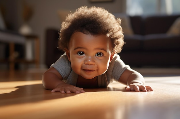 Close-up de um bebê afro-americano rastejando no chão da casa