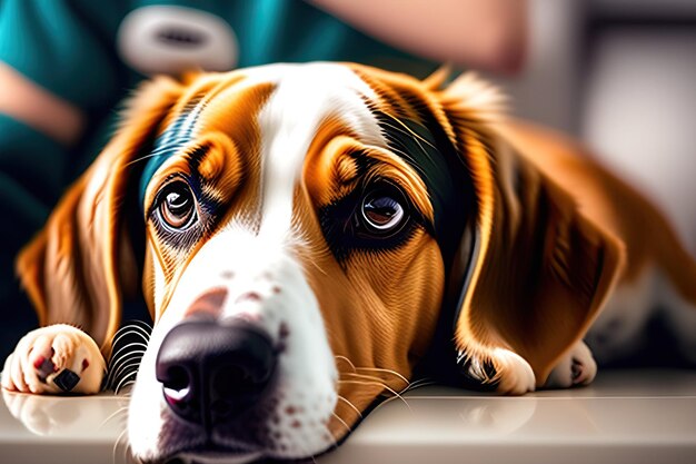 Close-up de um belo cão beagle no veterinário Cão de estimação bonito doente sentado na mesa de exame na clínica veterinária