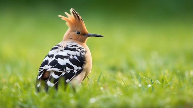 Close-up de um belo hoopoe eurasiático Upupa epops na grama de um campo verde AI geradora