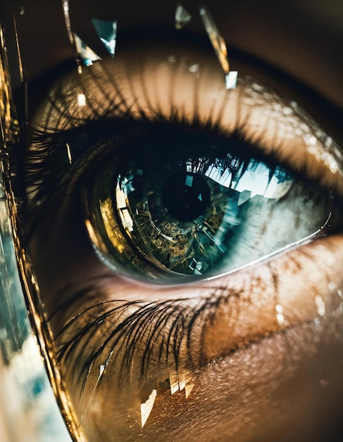 Close-up de um belo olho feminino com efeito de vidro quebrado Imagem de fantasia ai generativa