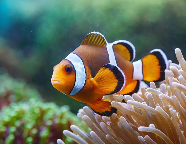 Foto close-up de um belo peixe-anemona ou peixe-palhaço amphiprion ocellaris nadando graciosamente