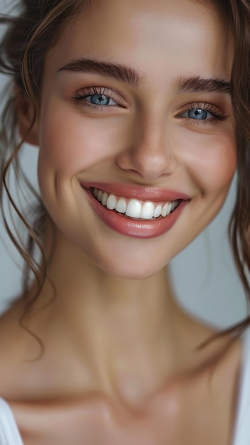 close-up de um belo rosto de mulher adolescente sorridente mostrando dentes brancos limpos e saudáveis e lábios bonitos