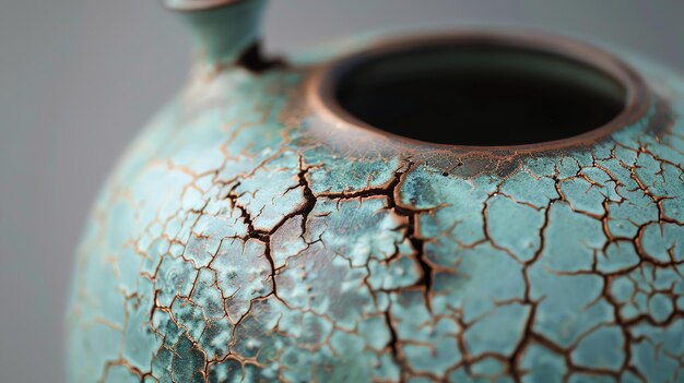 Close-up de um belo vaso de cerâmica feito à mão com um esmalte rachado