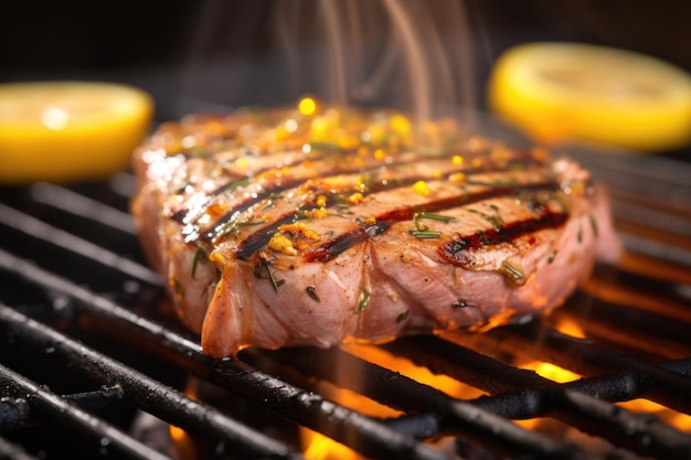 Close-up de um bife de atum grelhado decorado com pedaços de limão