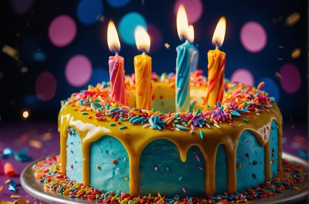 Close-up de um bolo de aniversário festivo com salpicaduras vibrantes e velas em chamas