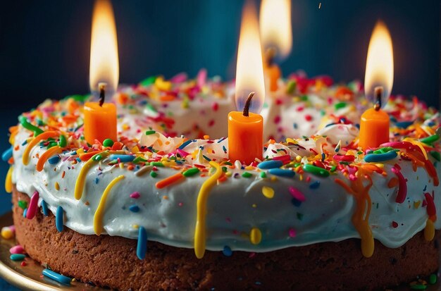 Close-up de um bolo de aniversário festivo com salpicaduras vibrantes e velas em chamas