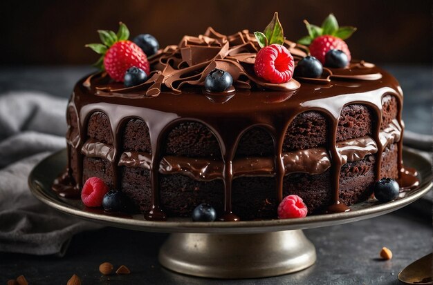 Close-up de um bolo de camada de chocolate decadente com cobertura de ganache brilhante