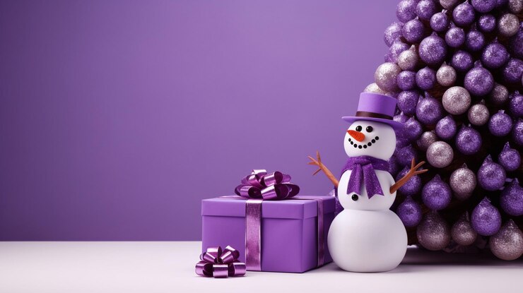 Foto close-up de um boneco de neve engraçado e flocos de neve no fundo rosa