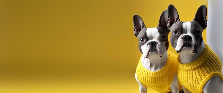 Foto close-up de um boston terriers com um fundo amarelo pastel foto de moda de cachorro ia generativa