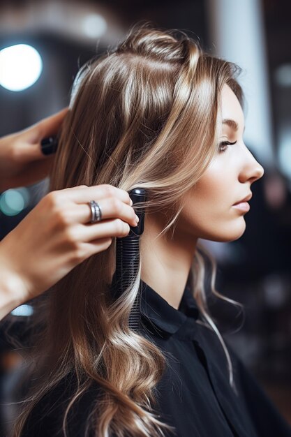 Foto close-up de um cabeleireiro em um salão moderno fazendo um corte de cabelo