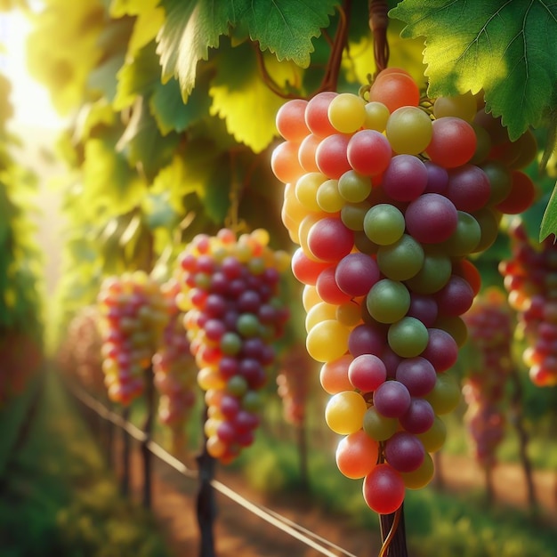 Close-up de um cacho de uvas roxas em uma vinha gerada por IA