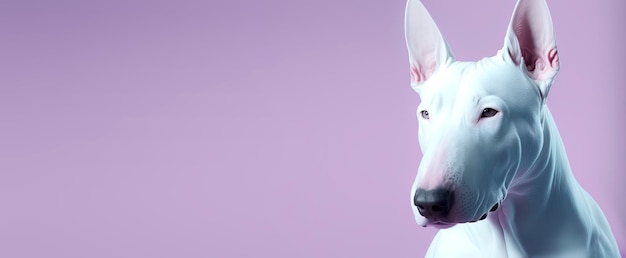 Close-up de um cachorro Bull Terrier com um fundo pastel roxo Foto de moda de cachorro IA generativa
