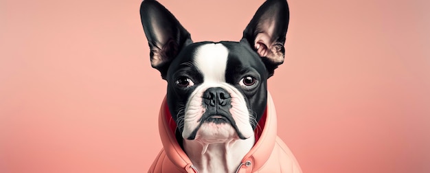 Close-up de um cachorro Buston Terrier com um fundo rosa pastel Foto de moda de cachorro IA generativa