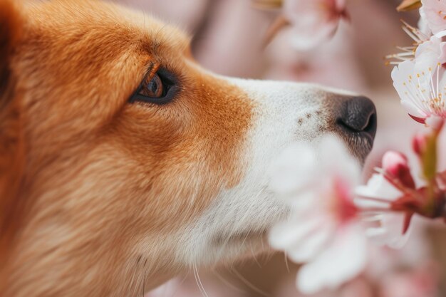 Close-up de um cachorro cheirando uma flor de primavera Cão cheirando flor IA generativa