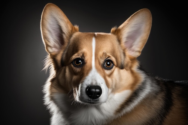 Close-up de um cachorro corgi em um fundo cinza em um estúdio