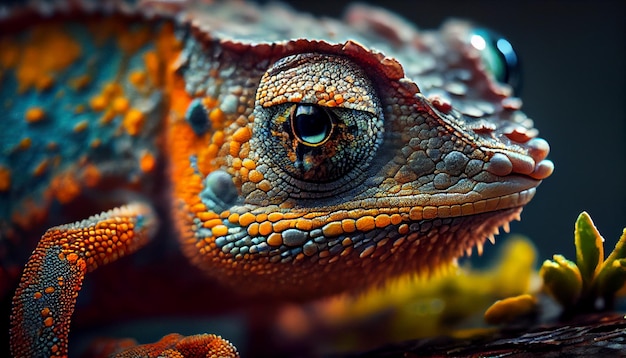 Close-up de um camaleão de cores vivas Arte animal psicodélica e vibrante Belas escalas multicoloridas