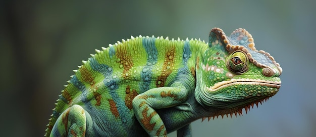 Close-up de um camaleão em fundo verde