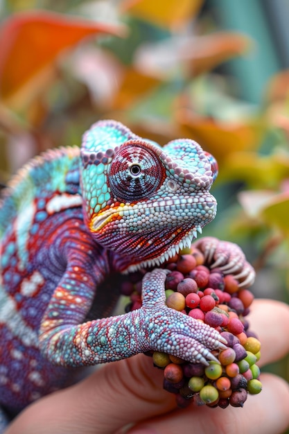 Close-up de um camaleão pantera vibrante sentado em uma mão humana com fundo natural