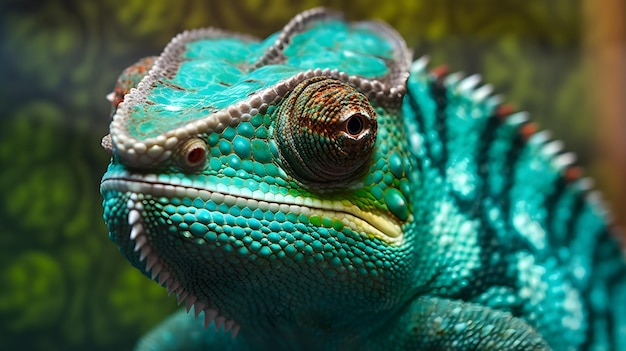 Close-up de um camaleão verde em um galho com borrão no fundo