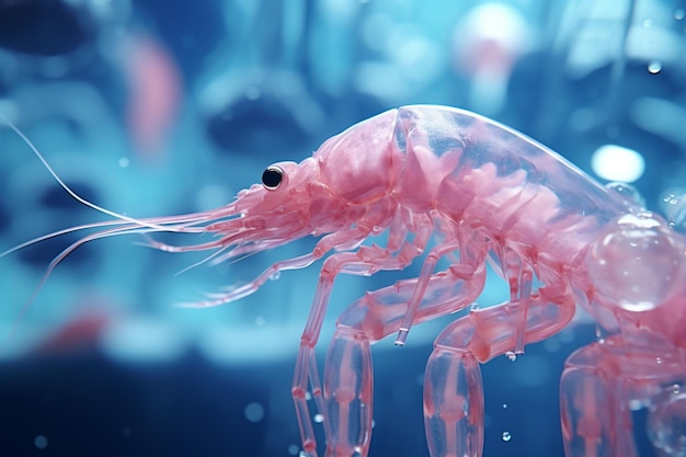 Foto close-up de um camarão rosa em uma pesquisa marinha