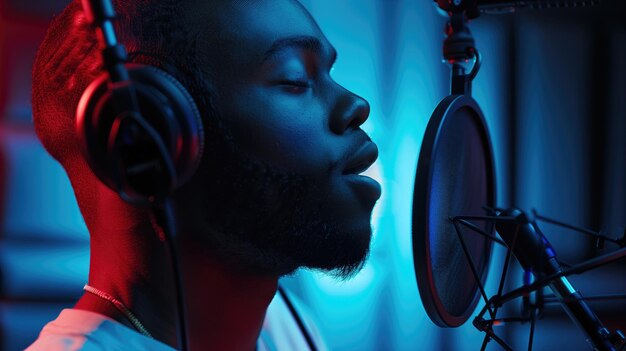 Close-up de um cantor masculino gravando em estúdio com iluminação de néon