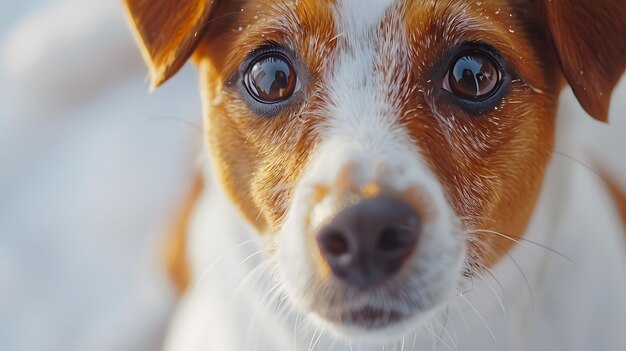 Close-up de um cão carnívoro branco e branco com bigodes e orelhas floppy